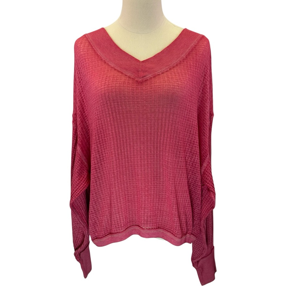 We The Free South Side Pink Thermal Waffle Knit V Neck‎ Top Size S